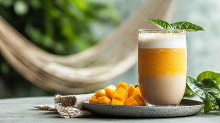 A refreshing mango drink elegantly presented with fresh mango chunks, capturing the essence of tropical indulgence amidst lush green surroundings and a hammock.