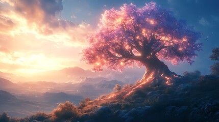 Naklejka premium Magical glowing cherry blossom tree on a hilltop at sunset.