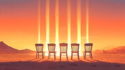 Chairs on the desert, light beams from the sky above in a simple cartoon style