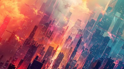 Vibrant, futuristic cityscape ablaze with fiery hues during a dramatic sunset, ideal for backgrounds and wallpapers