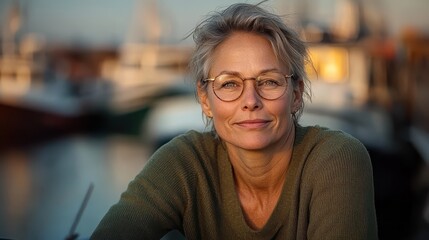 A poised woman with short hair and glasses exudes confidence while seated by a peaceful harbor, surrounded by boats reflecting the warm sunset hues.