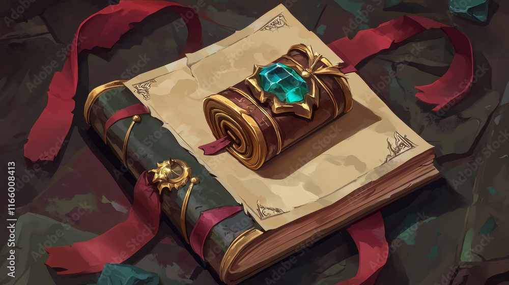 Poster old magic book with fantasy hardcover and parchment scroll for game ui design. cartoon vector illust