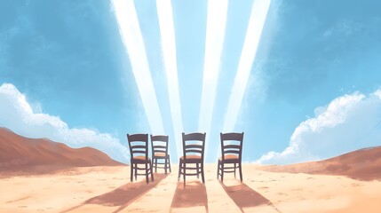 Chairs on the desert, light beams from the sky above in a simple cartoon style