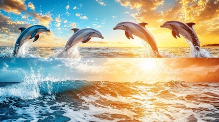 Fototapeta premium Four dolphins leaping from ocean waves at sunset.
