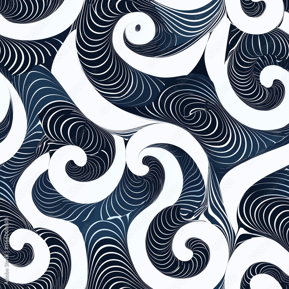 Aufkleber simple rangoli seamlesspattern a stylized wave pattern in dark blue and white, featuring swirling li