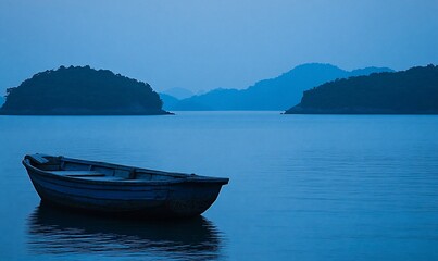 Naklejka premium Solitary boat on calm blue water at dusk, near islands.