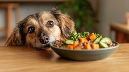 This heartwarming image showcases an adorable dog gazing longingly at a bowl filled with healthy ingredients, combining cuteness with a nutritious mealtime theme.