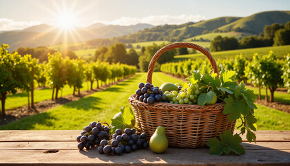 Basket of mixed grapes and a pear on a wooden table in a vineyard at sunrise