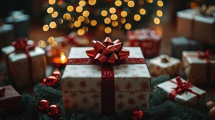 Festive gifts under a Christmas tree.