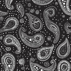 Simple Rangoli Seamlesspattern Black background featuring intricate white paisley patterns with dotted accents, creating a stylish and elegant design.