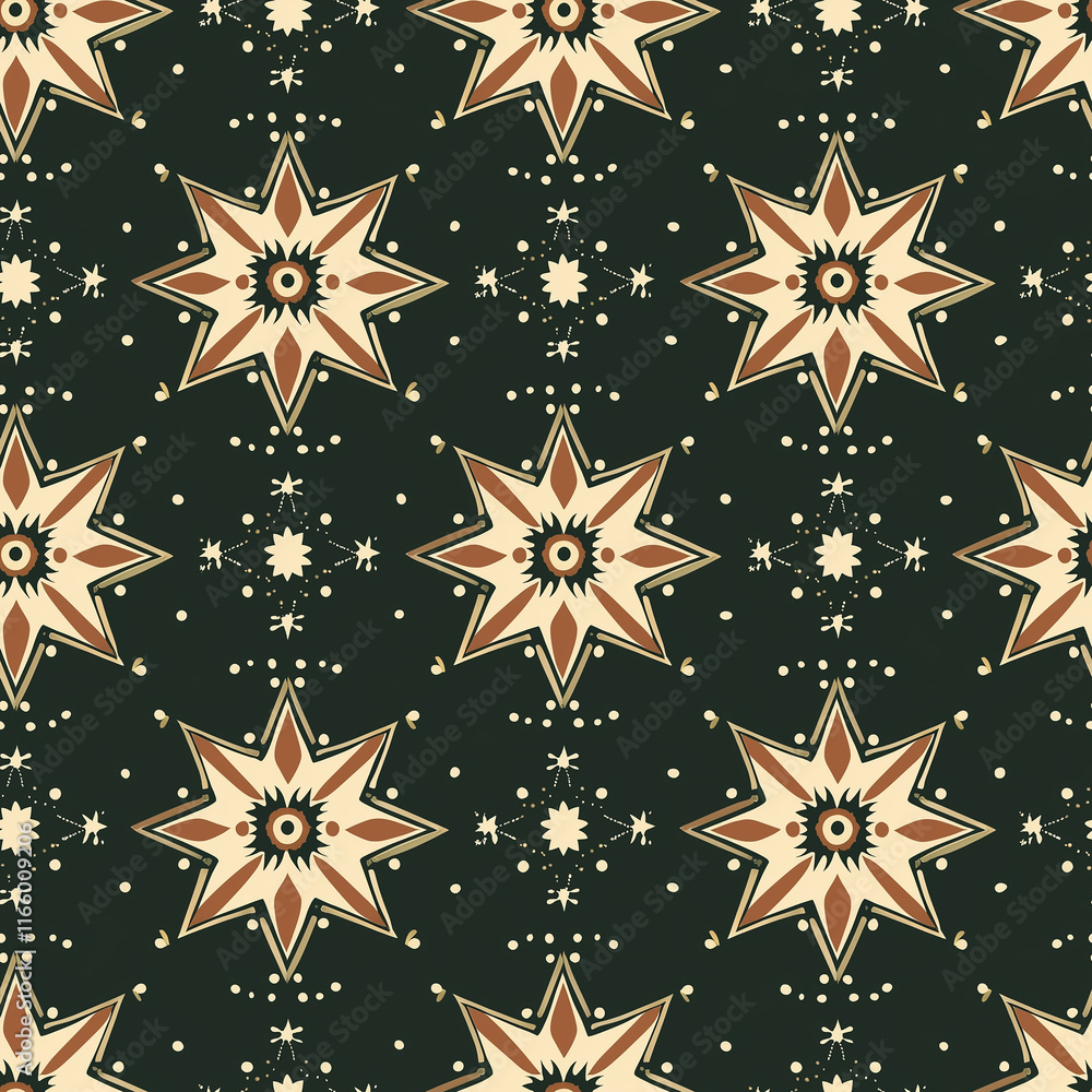 Aufkleber simple rangoli seamlesspattern a repeating pattern of star shapes in cream and gold on a dark green 