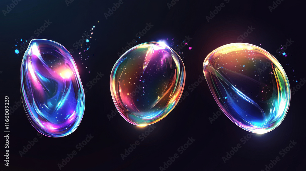 Poster iridescent soap bubble burst and disappear sequence steps for animation. sprite sheet for flying rai