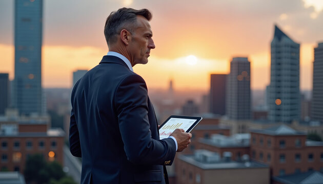 Businessman Analyzing Data on Rooftop at Sunset