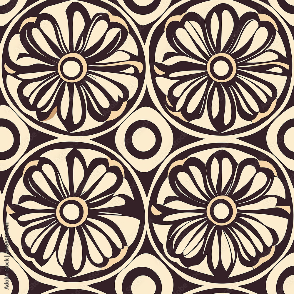 Poster simple rangoli seamlesspattern floral patterned design with circular motifs in contrasting colors, s