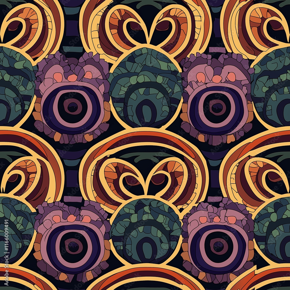 Poster simple rangoli seamlesspattern vibrant abstract pattern featuring circular shapes in rich colors, id