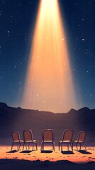 Chairs on the desert, light beams from the sky above in a simple cartoon style