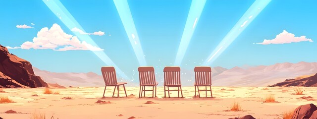 Chairs on the desert, light beams from the sky above in a simple cartoon style