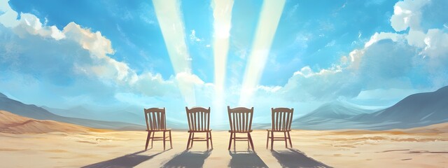 Chairs on the desert, light beams from the sky above in a simple cartoon style