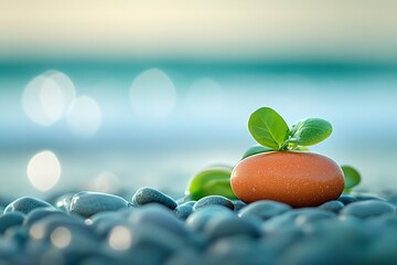 Small plant sprout on orange stone by ocean.