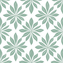 Simple Rangoli Seamlesspattern Pattern of stylized leaves in a repeating design, featuring a soft mint color on a light background, perfect for textiles and wallpapers.