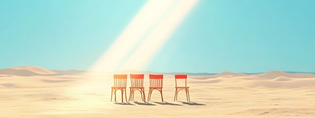 Chairs on the desert, light beams from the sky above in a simple cartoon style