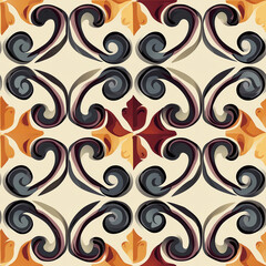 Simple Rangoli Seamlesspattern Elegant vintage pattern featuring swirling motifs in warm colors, ideal for backgrounds or textile design.
