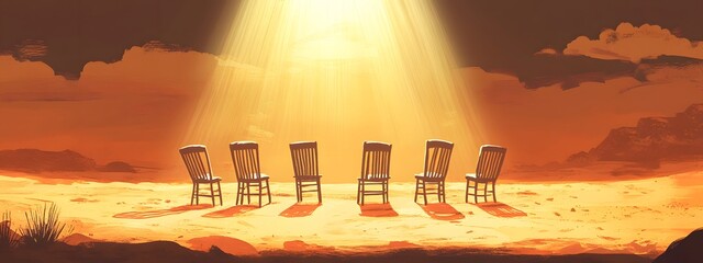 Chairs on the desert, light beams from the sky above in a simple cartoon style