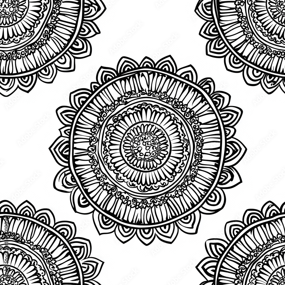 Poster simple rangoli seamlesspattern intricate black and white mandala pattern featuring circular designs 