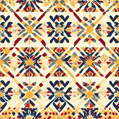 Simple Rangoli Seamlesspattern Colorful geometric pattern with floral motifs in red, blue, and yellow on a cream background, suitable for textiles and decorative designs.