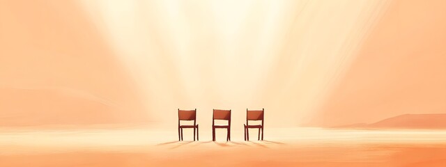 Chairs on the desert, light beams from the sky above in a simple cartoon style