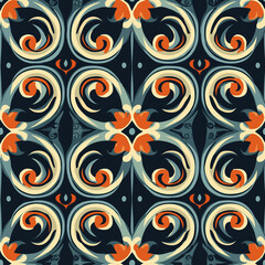 Simple Rangoli Seamlesspattern Colorful abstract pattern featuring swirls and floral motifs in a dark background, perfect for fabric or wallpaper design.