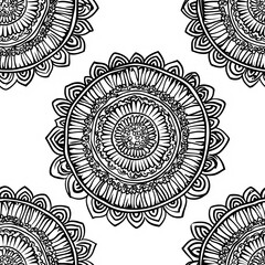 Simple Rangoli Seamlesspattern Intricate black and white mandala pattern featuring circular designs with floral elements on a white background.
