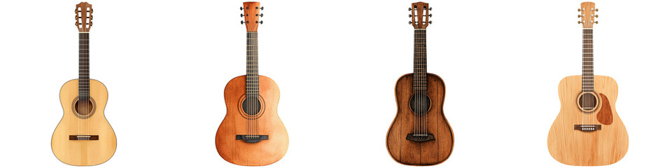 Summer festival music and games, A collection of acoustic guitars showcasing various wood finishes and designs, highlighting their craftsmanship and aesthetic appeal.