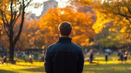 Obraz premium Reflective Moment in a Vibrant Autumn Park - Journey of Support and Recovery