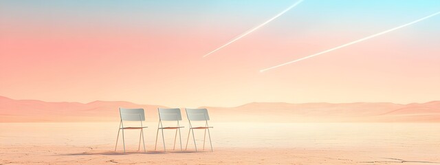 Chairs on the desert, light beams from the sky above in a simple cartoon style