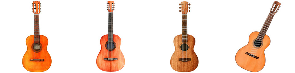 Obraz premium Summer festival music and games, A collection of four acoustic guitars showcasing different shapes and finishes, highlighting their craftsmanship and unique designs.