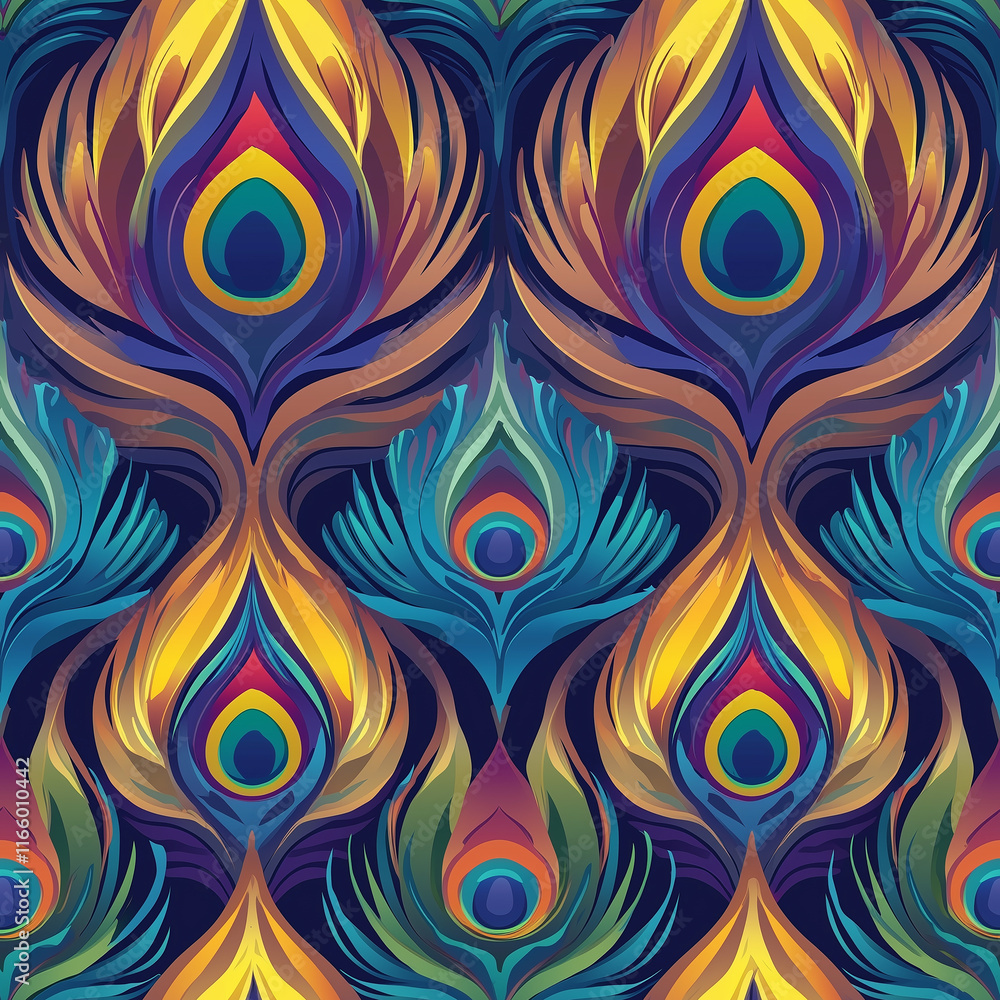 Poster simple rangoli seamlesspattern vibrant peacock feather pattern with rich colors showcasing intricate