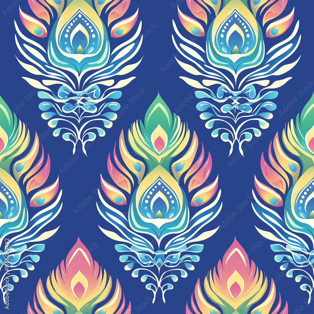 Poster simple rangoli seamlesspattern vibrant peacock feather pattern in bright colors on a deep blue backg
