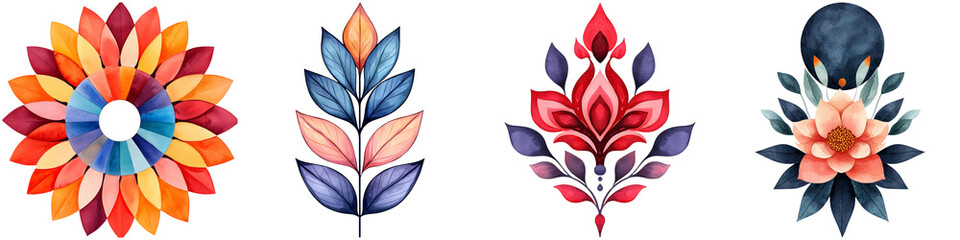 Obraz premium Summer festival music and games, A vibrant collection of stylized floral designs featuring various colors and shapes, showcasing intricate details and artistic flair.