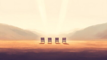 Chairs on the desert, light beams from the sky above in a simple cartoon style
