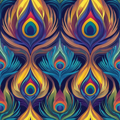 Simple Rangoli Seamlesspattern Vibrant peacock feather pattern with rich colors showcasing intricate details and a flowing design.