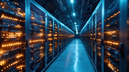 This captivating image shows a futuristic server room filled with glowing technologies, highlighting the essence of modern data processing and the digital age's influence.