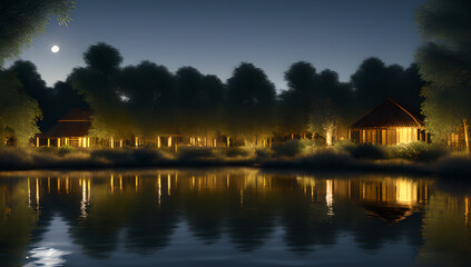 Fototapeta premium Park on a summer evening night. Landscape of a lake or river.generative ai