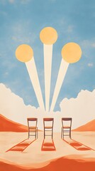 Chairs on the desert, light beams from the sky above in a simple cartoon style