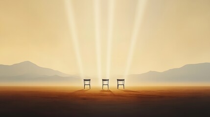 Chairs on the desert, light beams from the sky above in a simple cartoon style