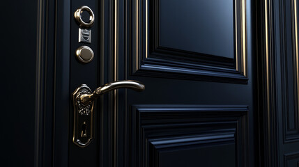 Obraz premium 3d open and close house or office front door frame. Realistic black ajar doorframe with handle asset lock and welcome. Closed wooden exit for opportunity elements. Dark shut way to living room design