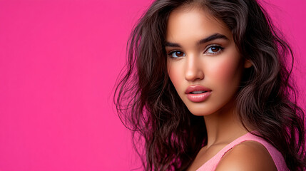 Fototapeta premium Beautiful Woman with Long Brown Hair Against Pink Background
