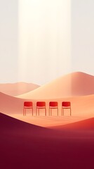Chairs on the desert, light beams from the sky above in a simple cartoon style