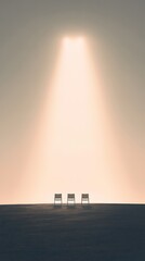 Chairs on the desert, light beams from the sky above in a simple cartoon style