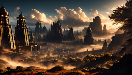 Naklejka premium Bright sleigh under gray mountain peaks Mystical mountain range shrouded in fog. Atmospheric epic landscape High quality 4k. generative ai